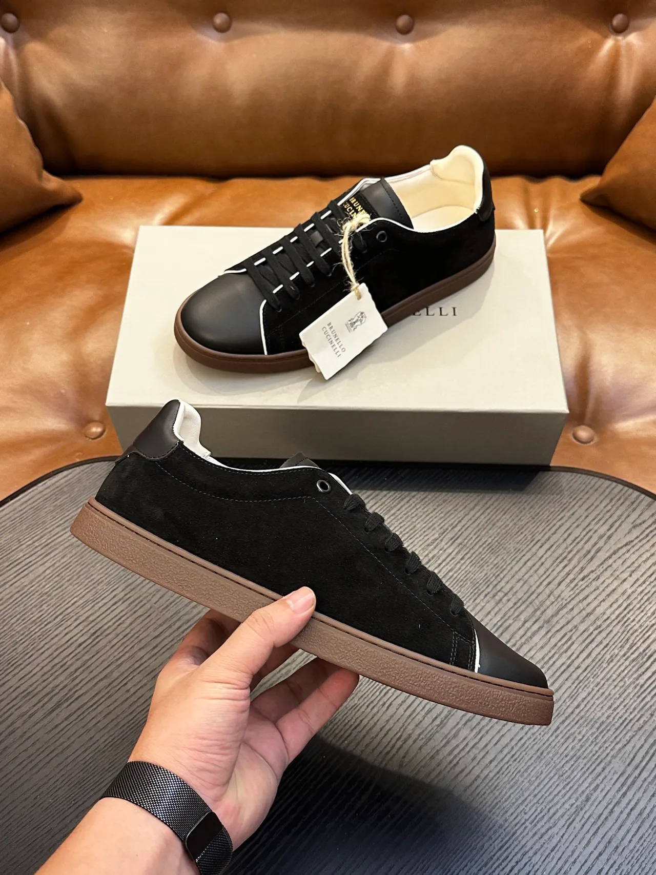 Brunello Cucinelli Preto Branco Camurça e Couro Superior Contraste Costura Loafer 5