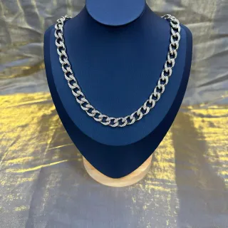 Collier Chaîne Curb-Link Chunky Pavé Cristal Ton Argent