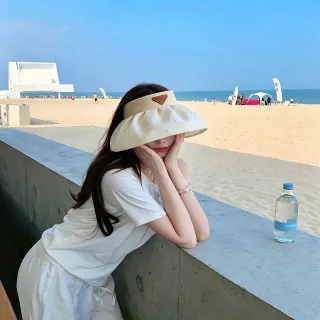 Cream Pleated Pearl-Embellished Visor Bucket Hat