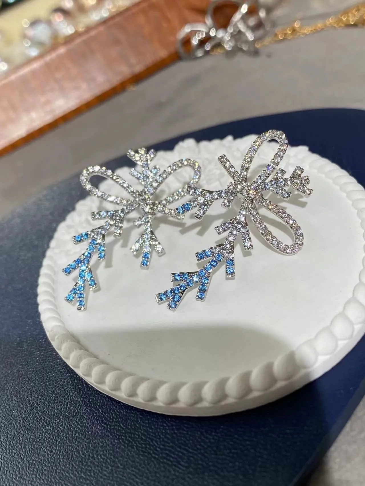 Crystal-Encrusted Bow and Branch Motif Drop Earrings 5