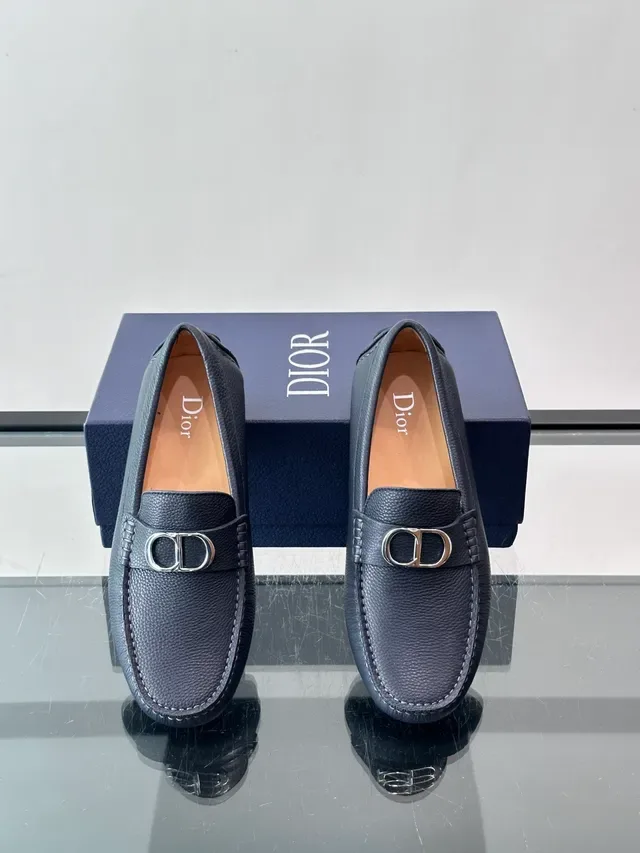 Dark Blue Pebbled Leather Bit Strap Loafers 4