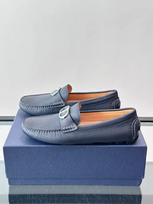 Dark Blue Pebbled Leather Bit Strap Loafers 5
