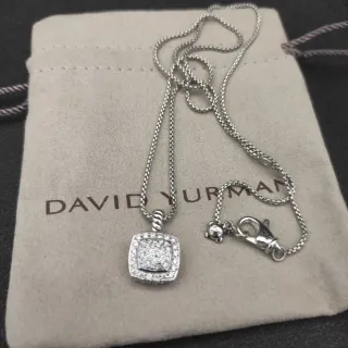 David Yurman Albion Argent Beige Pendentif Carré Pavé-Set Bail Cable Tordu Collier
