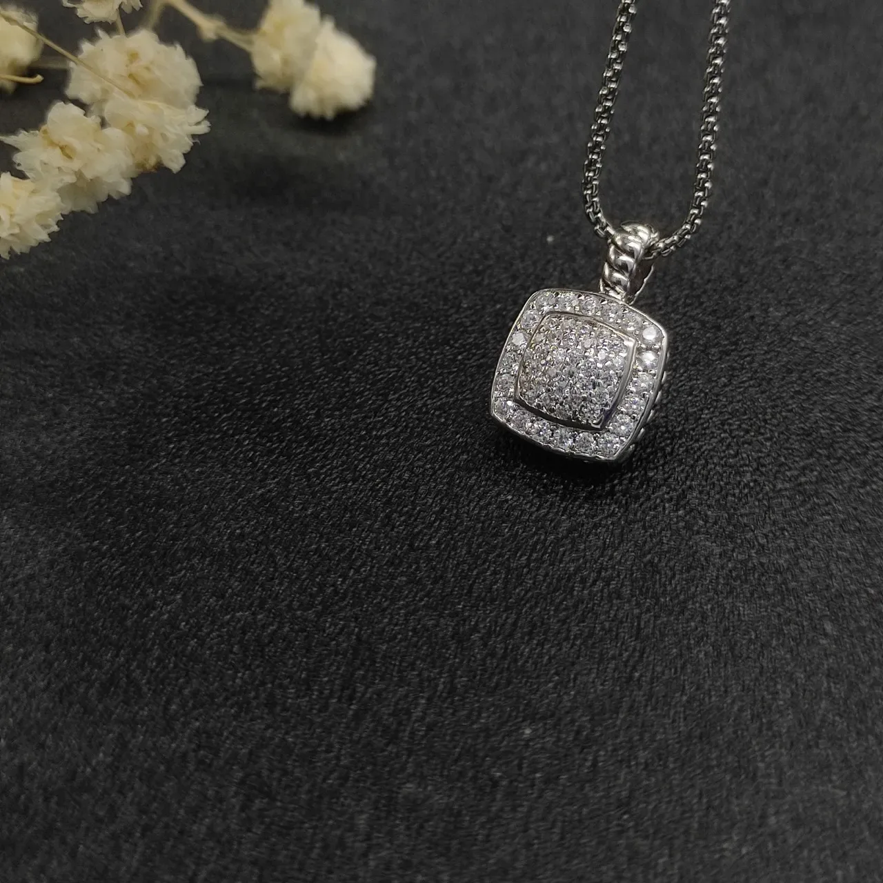 David Yurman Albion Silver Beige Pavé-Set Square Pendant Twisted Cable Bail Necklace 3