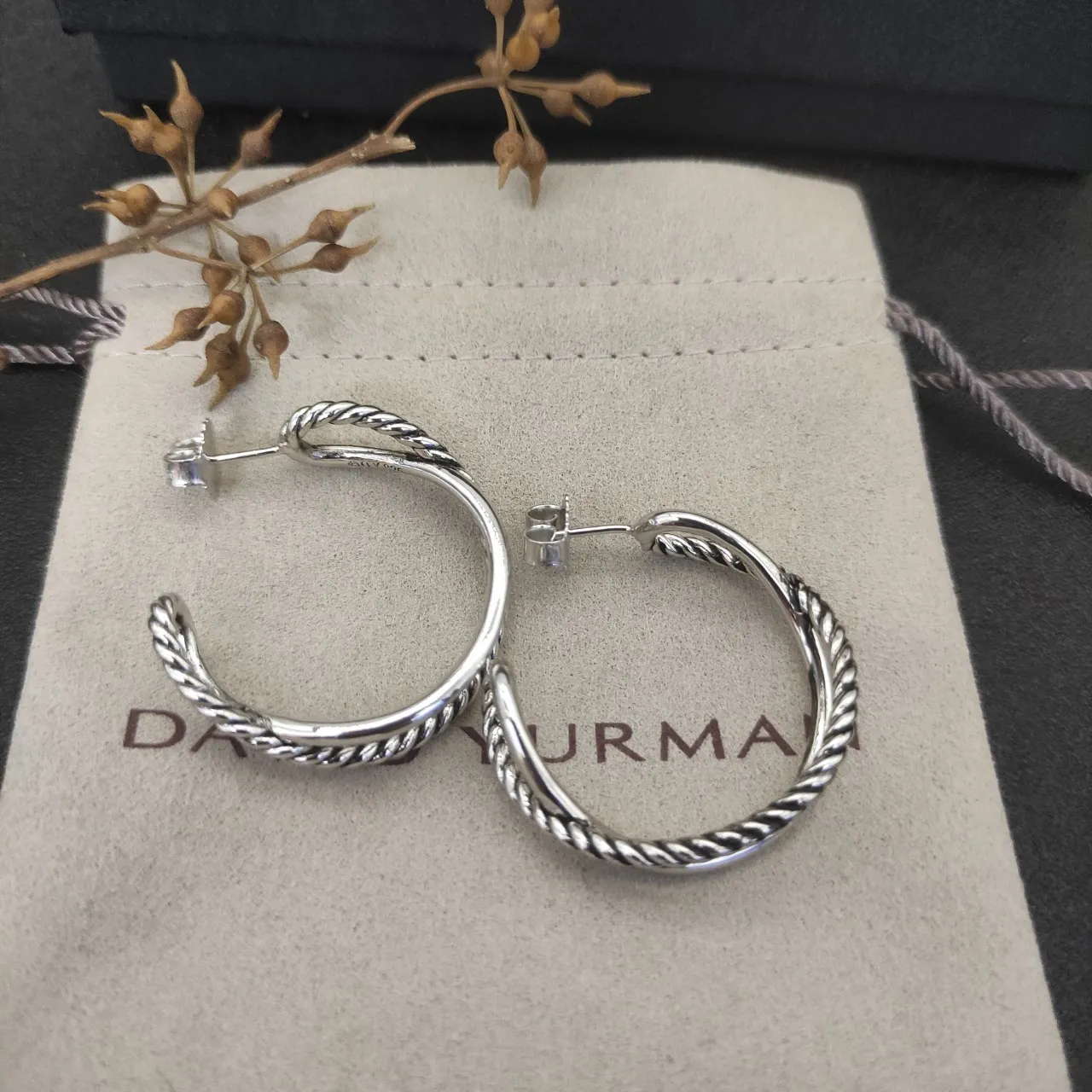 David Yurman Cable Silver Gold Twisted Double Hoop Earrings 4
