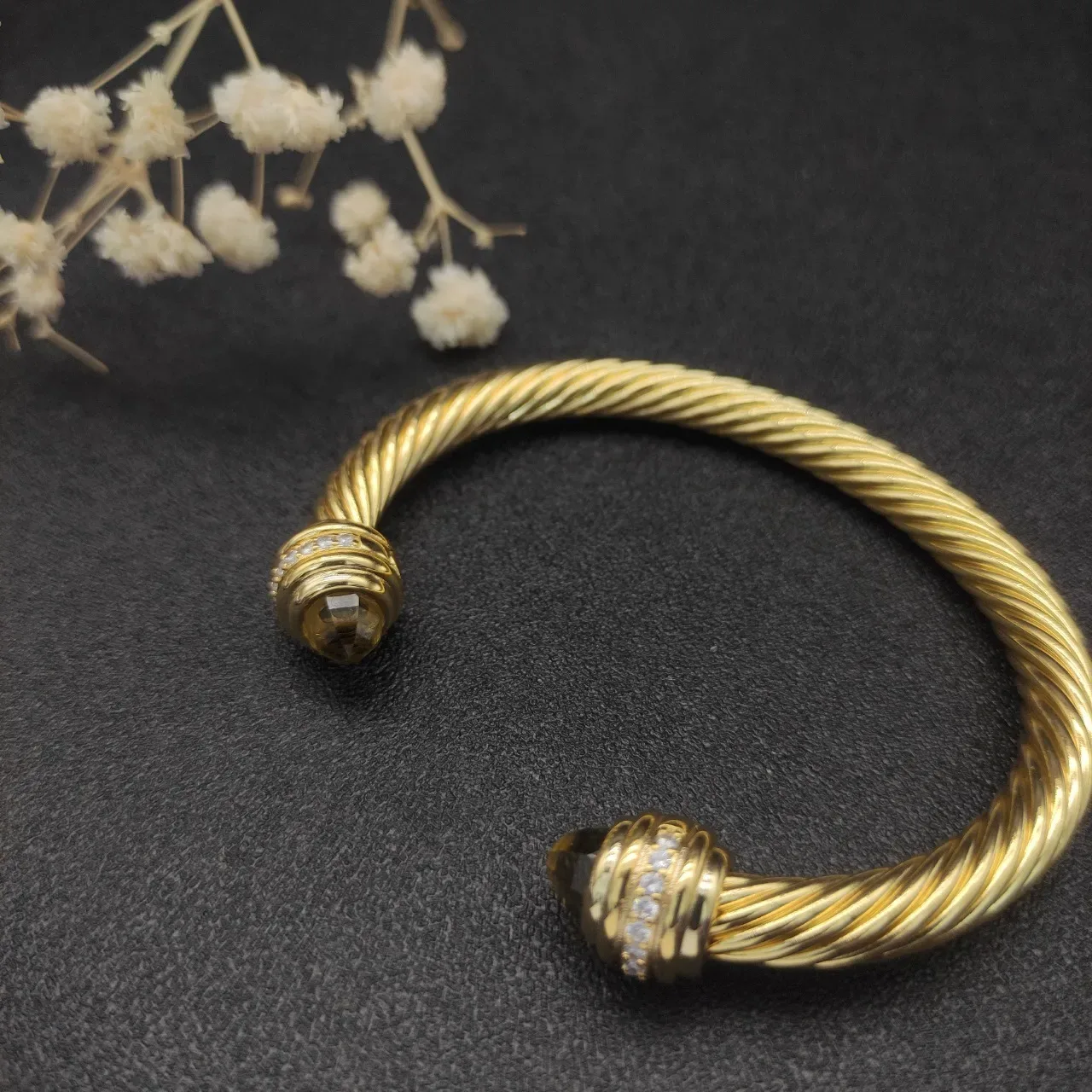 David Yurman Gold Brown Twisted Cable Gemstone Terminals Bracelet 5