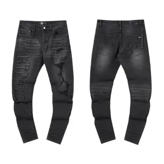 Distressed Embroidered Slim-Fit Black Denim Jeans
