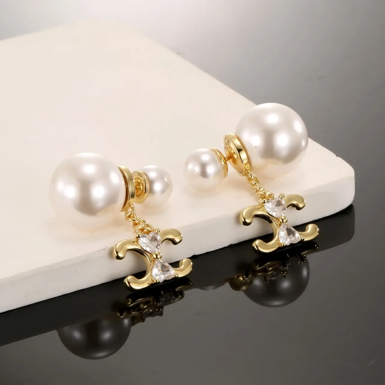 Double Pearl and Crystal Gold-Tone C-Motif Dangle Earrings 2