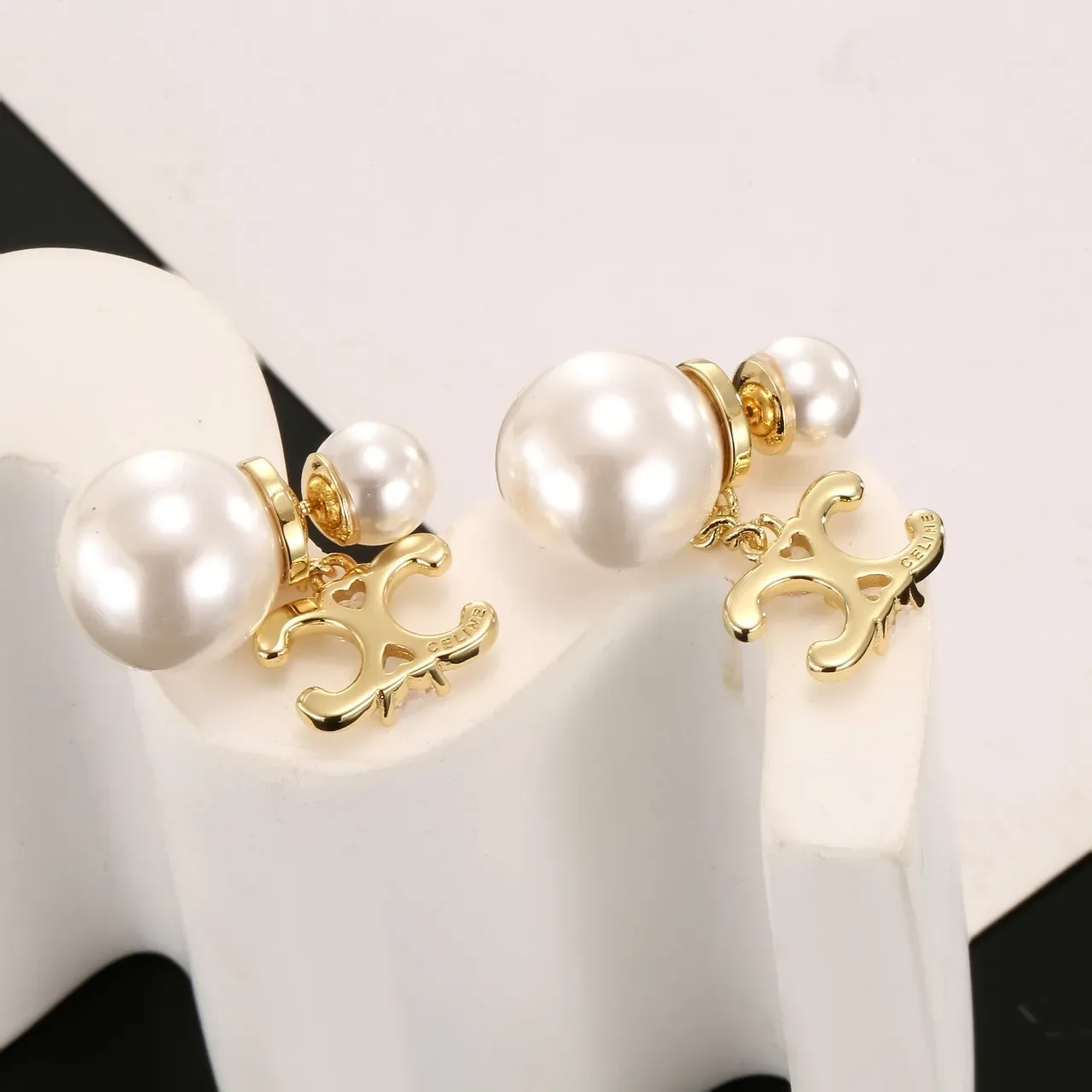 Double Pearl and Crystal Gold-Tone C-Motif Dangle Earrings 4