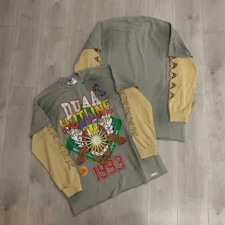 DUAA Gray Yellow Layered-Sleeve Construction Graphic-Print Front T-Shirt