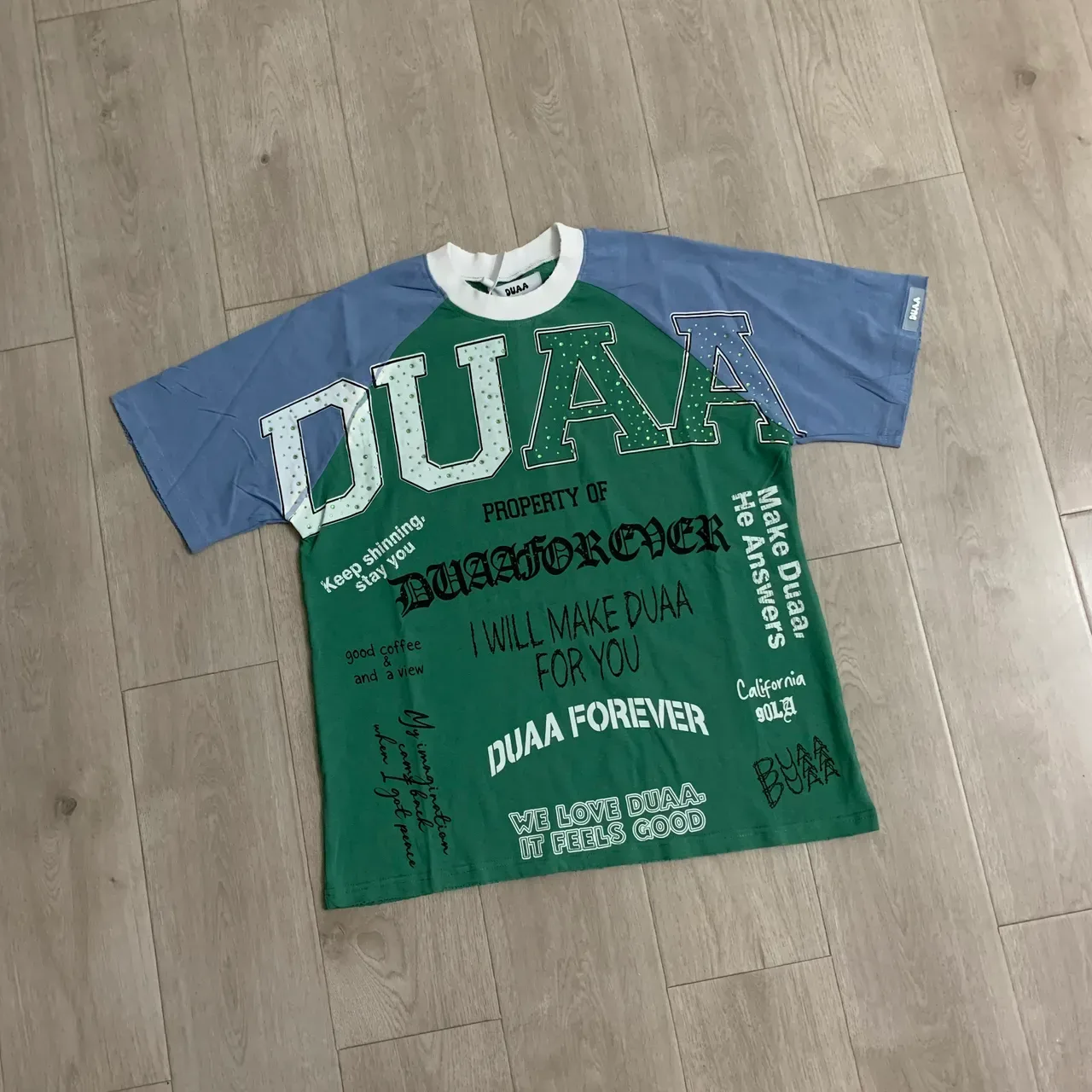 DUAA Raglan Sleeve Oversized Graphic Print Green and Blue T-Shirt 5