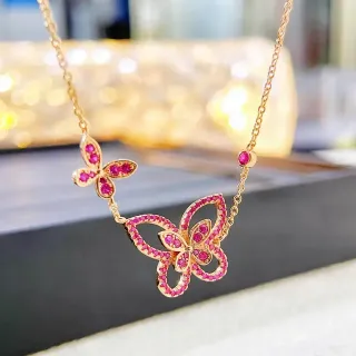 Dual Butterfly Pavé Pink Gemstone Gold-Tone Necklace