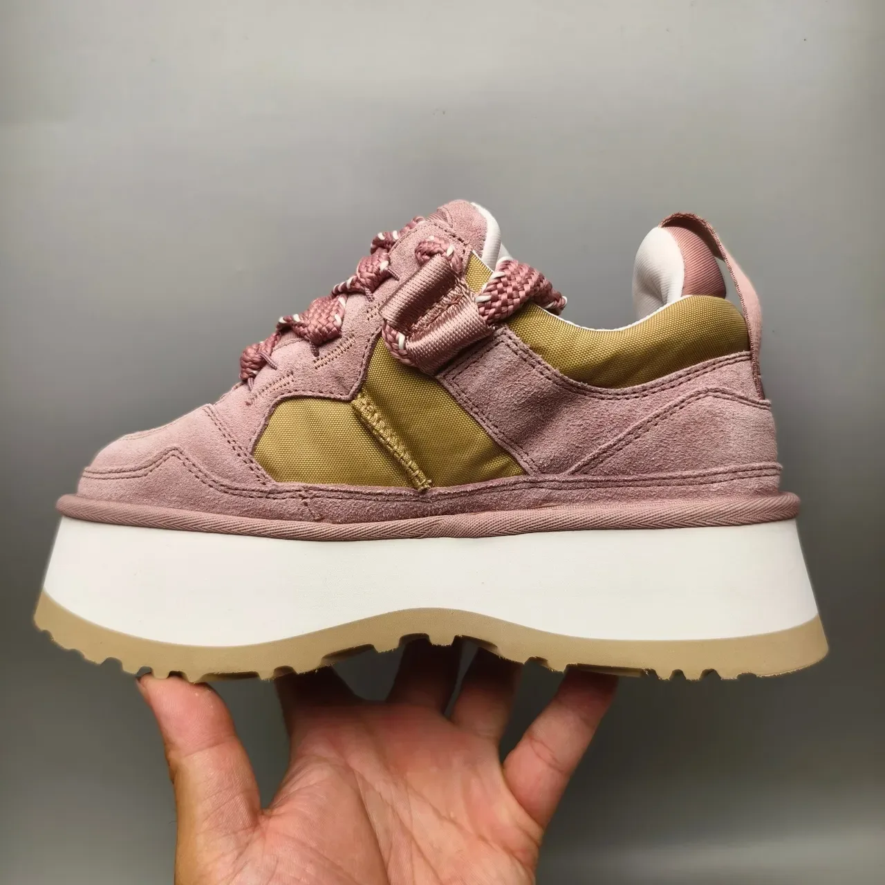 Dusty Pink and Olive Platform Suede Sneaker 7