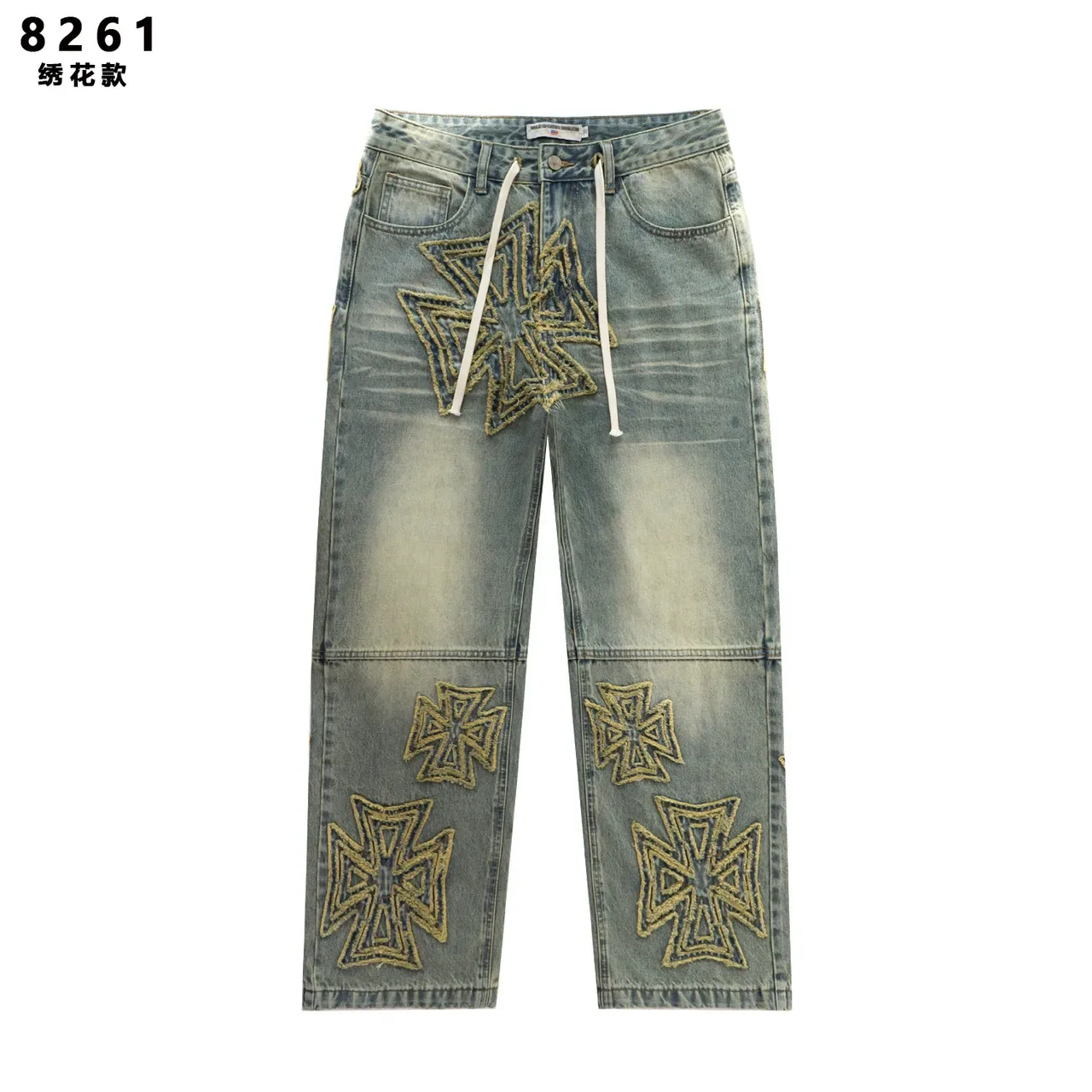 Jeans com bordado de cruz maltesa, cintura com cordão e corte relaxado 3