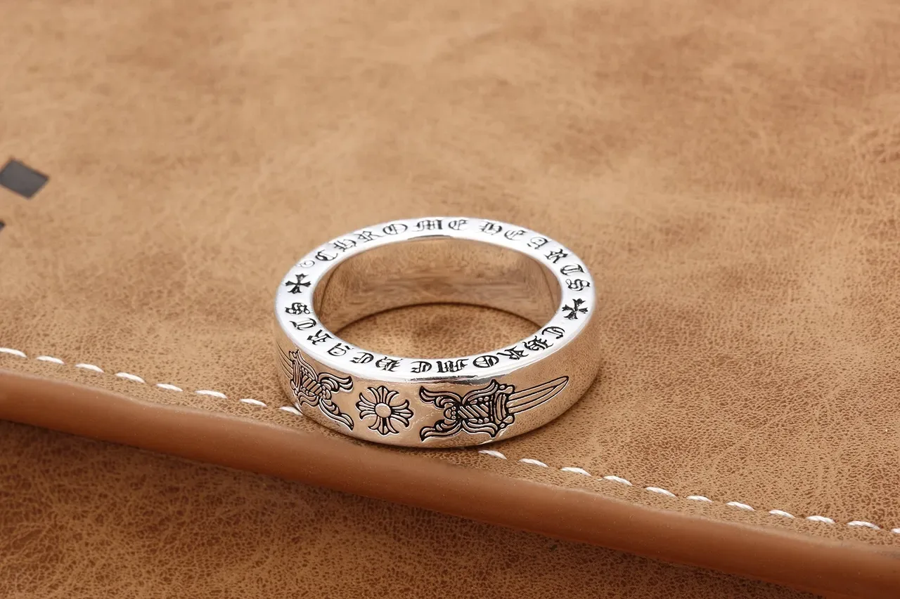 Engraved Sword and Floral Motif Silver Ring 4