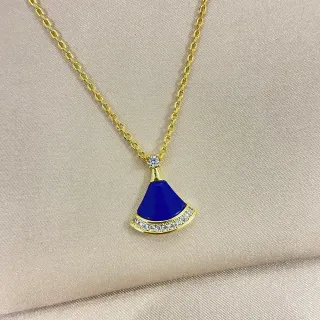 Fan-Shaped Blue Enamel and Pavé Crystal Pendant Necklace