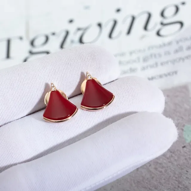 Fan-Shaped Red Enamel Gold-Tone Stud Earrings 2