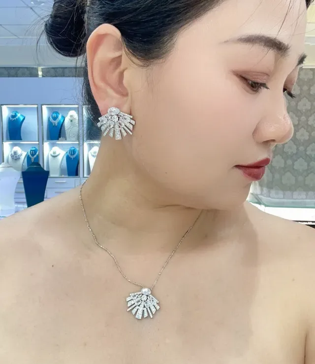 Fan-Shaped Ruby and Diamond Sunburst Pendant Necklace 2