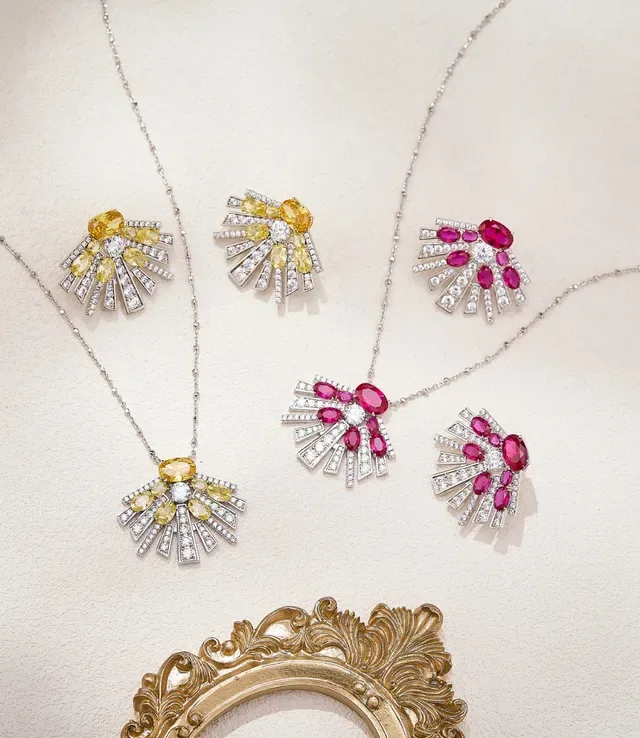 Fan-Shaped Ruby and Diamond Sunburst Pendant Necklace 4