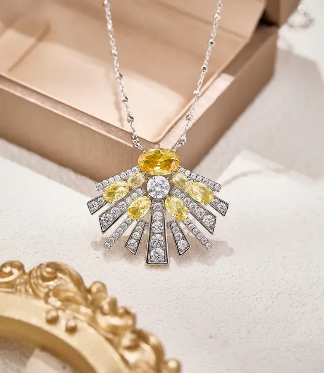 Fan-Shaped Ruby and Diamond Sunburst Pendant Necklace 8