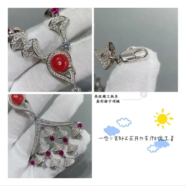 Fan-Shaped Skirt Necklace Silver Red Pendant Scalloped Motif Necklace 2