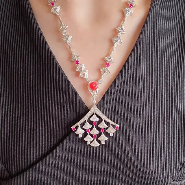 Fan-Shaped Skirt Necklace Silver Red Pendant Scalloped Motif Necklace 9