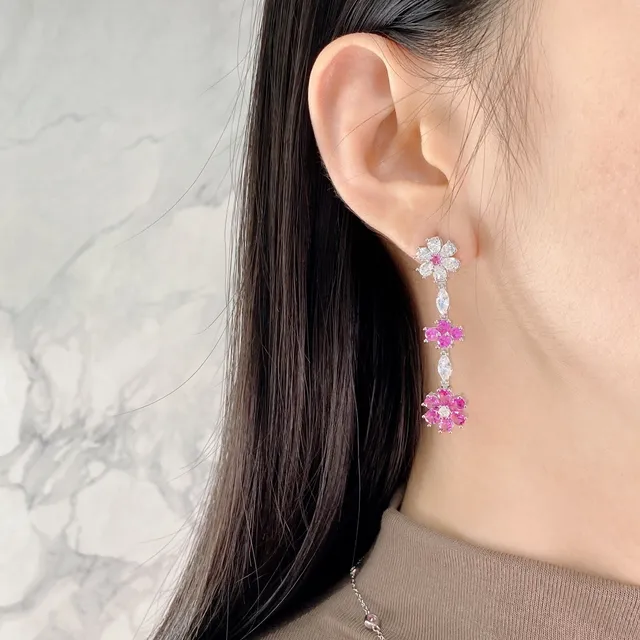 Floral Multi-Tier Pink and Clear Gemstone Drop Earrings 7