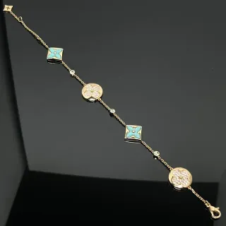 Gold Blue Chain Alternating Square And Round Floral Charms Bracelet