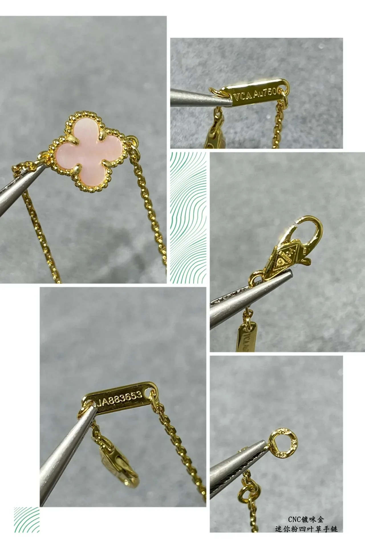 Pulseira com corrente dourada rosa e pingente de trébol de quatro folhas 2