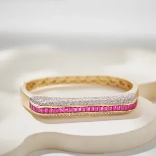 Gold Pink Hinged Bangle Baguette-Cut Stones Bracelet