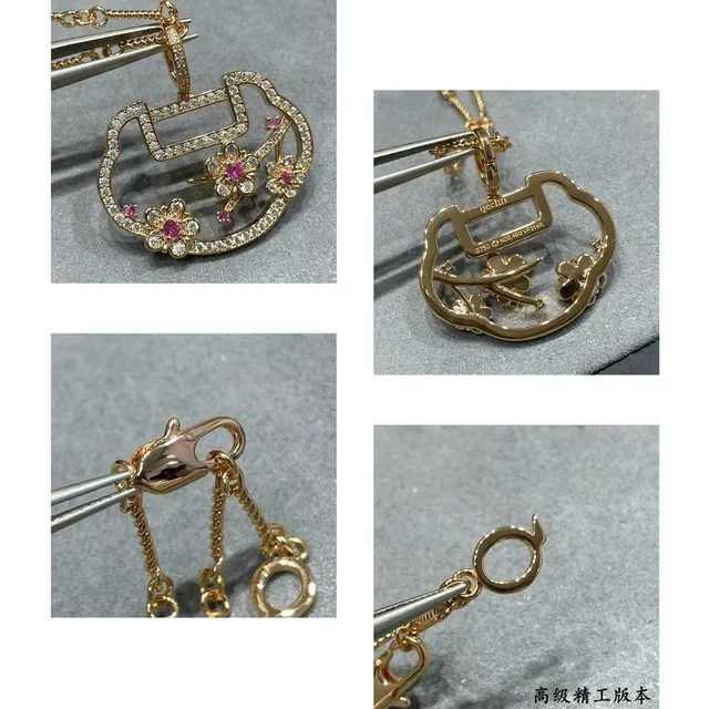 Gold Pink Openwork Pendant Pavé-Set Clear Stones Necklace 3