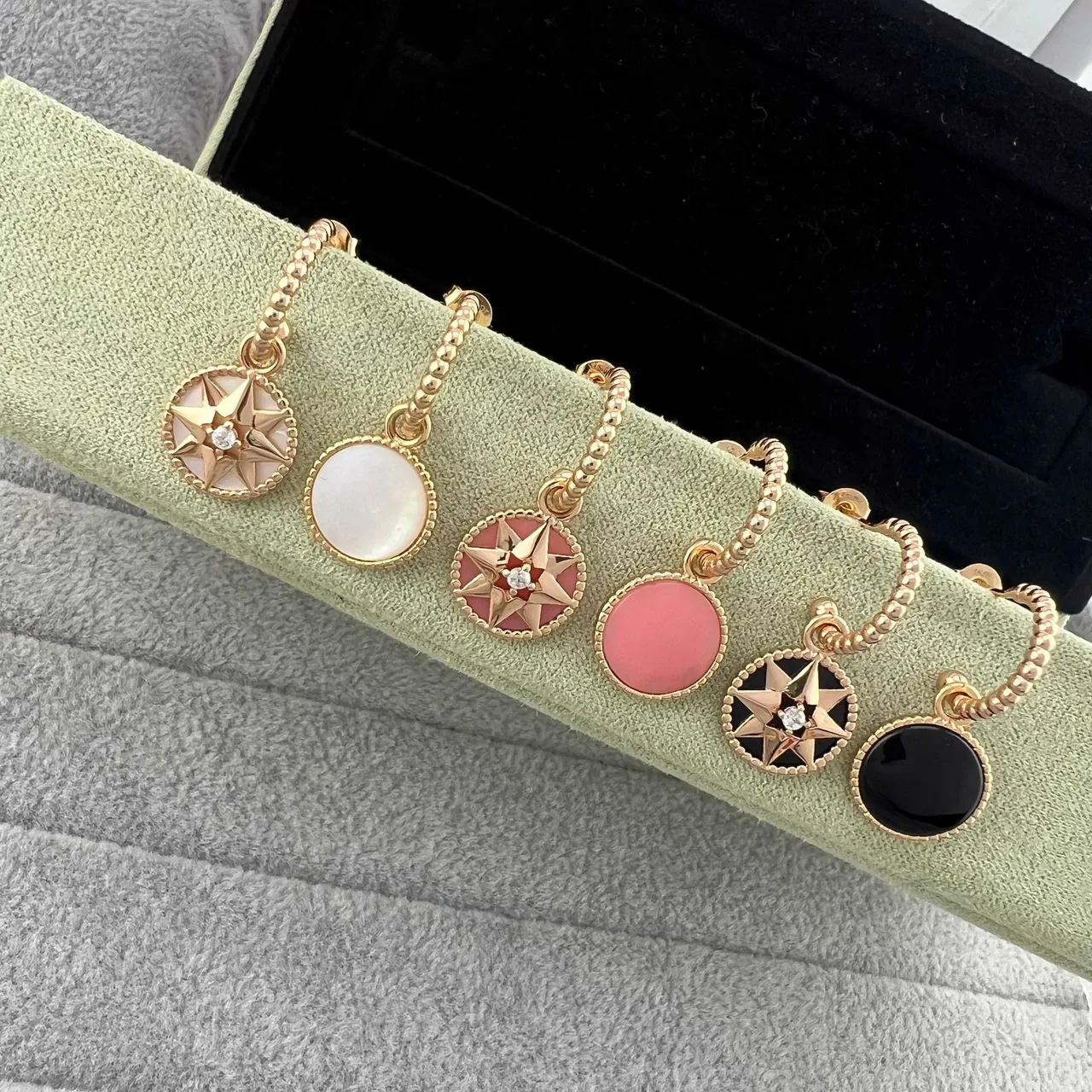 Gold Pink Rose Beaded Hoops Circular Enamel Star Pendants Earrings 2