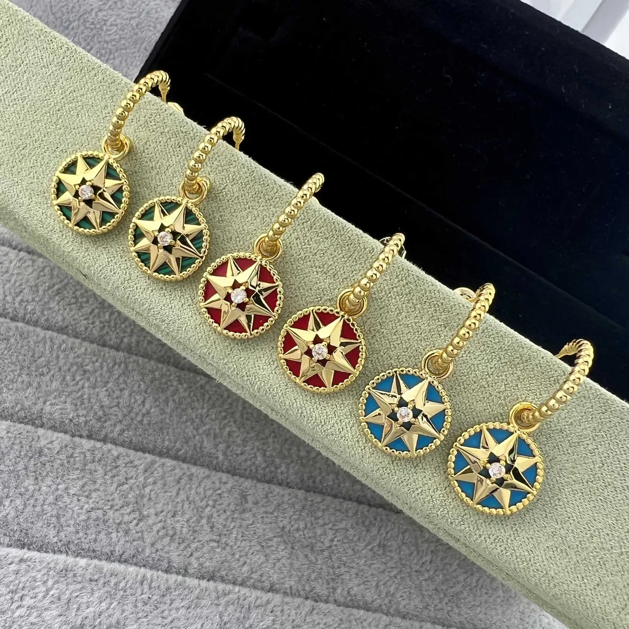 Gold Pink Rose Beaded Hoops Circular Enamel Star Pendants Earrings 4