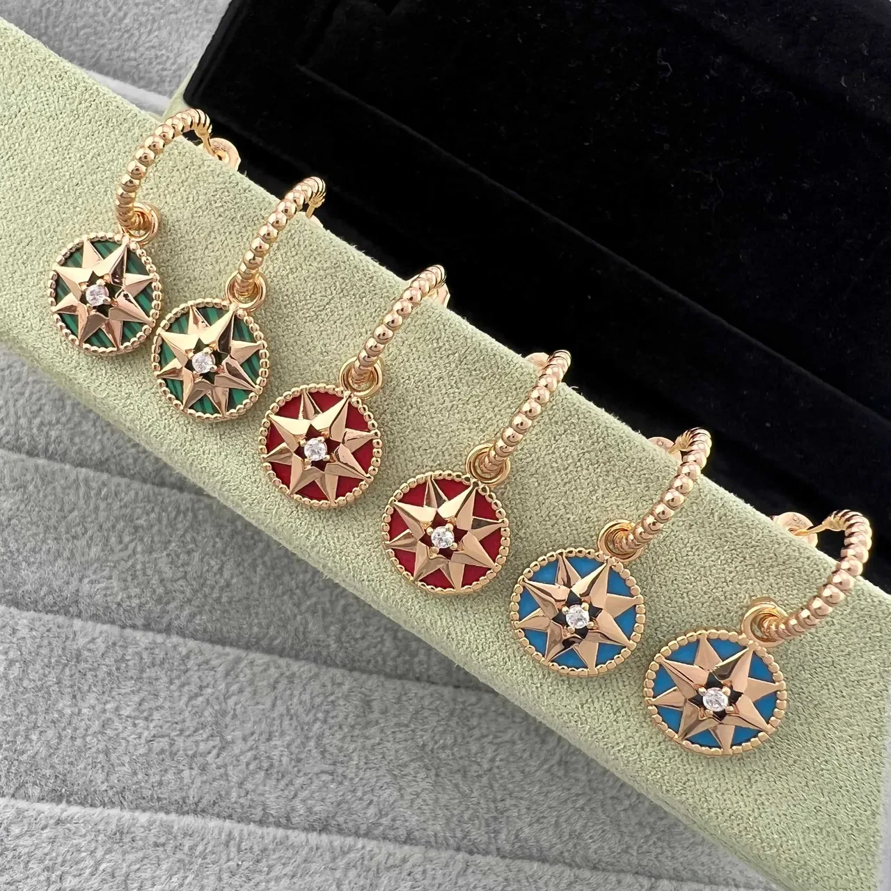 Gold Pink Rose Beaded Hoops Circular Enamel Star Pendants Earrings 5