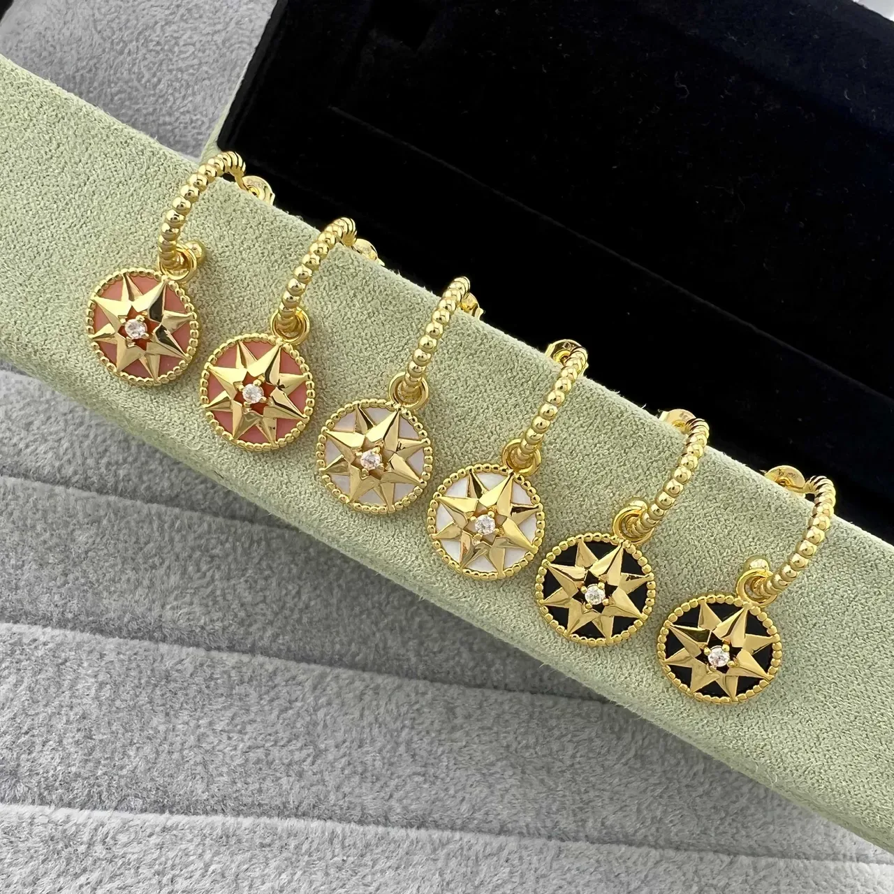 Gold Pink Rose Beaded Hoops Circular Enamel Star Pendants Earrings 6