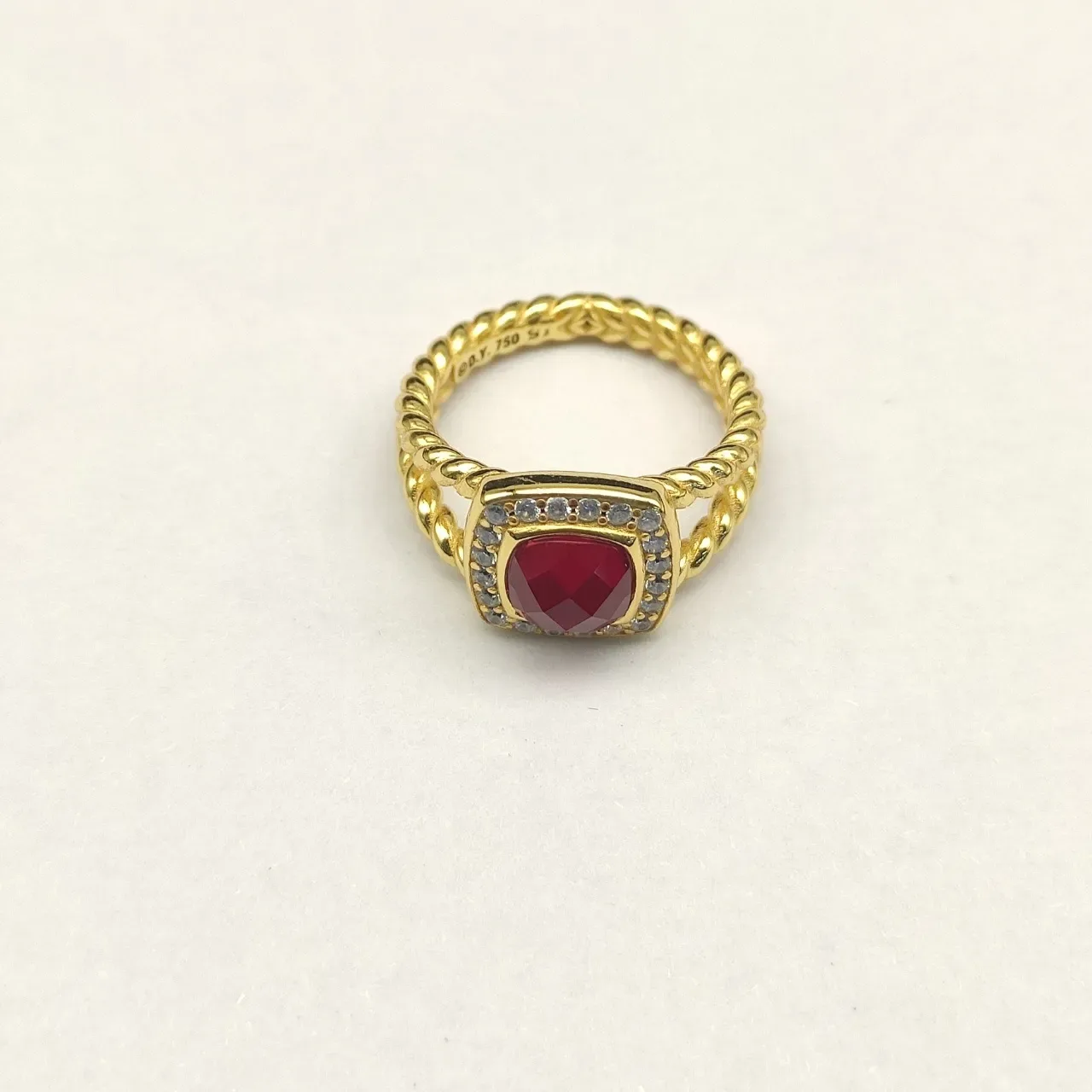 Gold Rope-Twist Band Cushion-Cut Red Gemstone Halo Ring 2