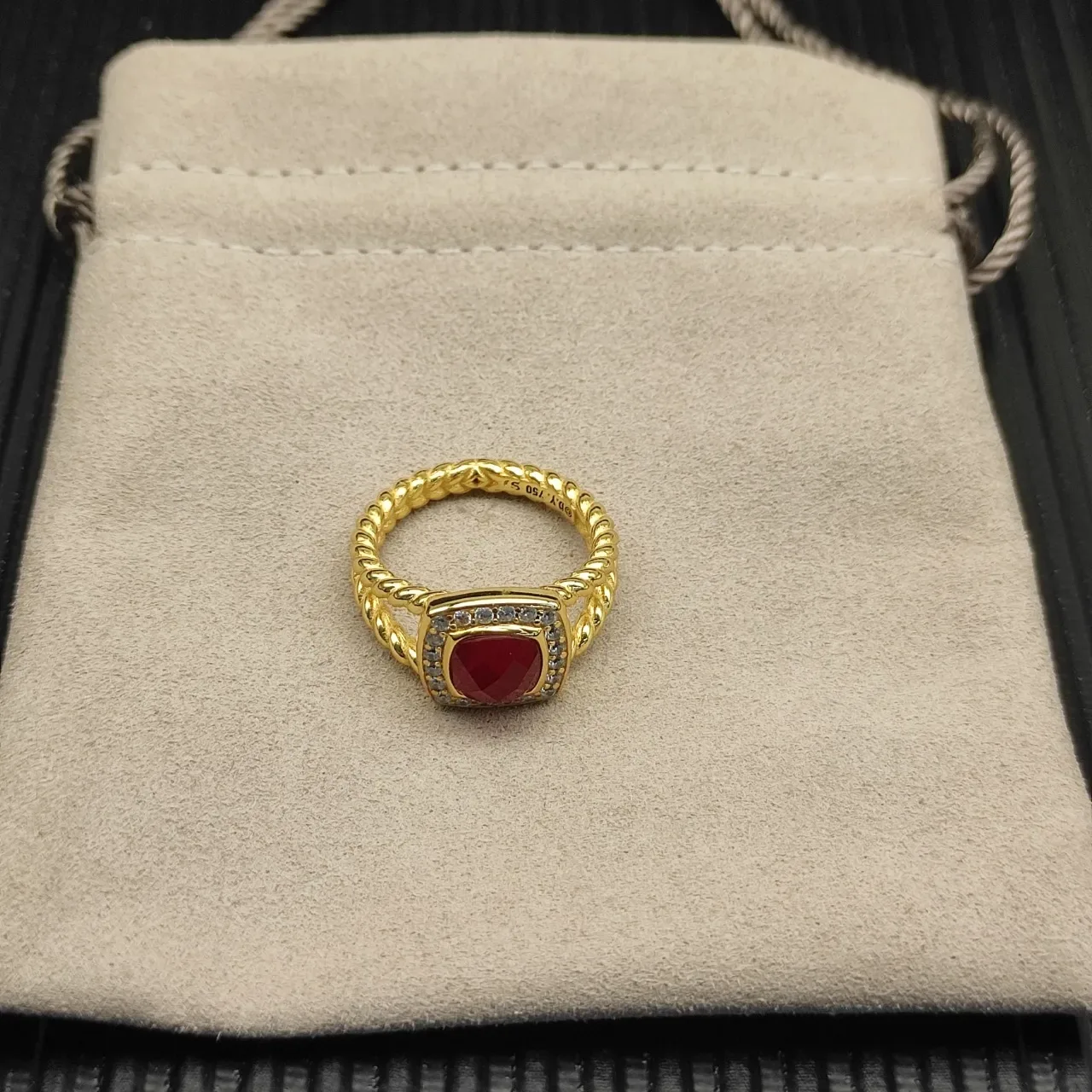 Gold Rope-Twist Band Cushion-Cut Red Gemstone Halo Ring 4