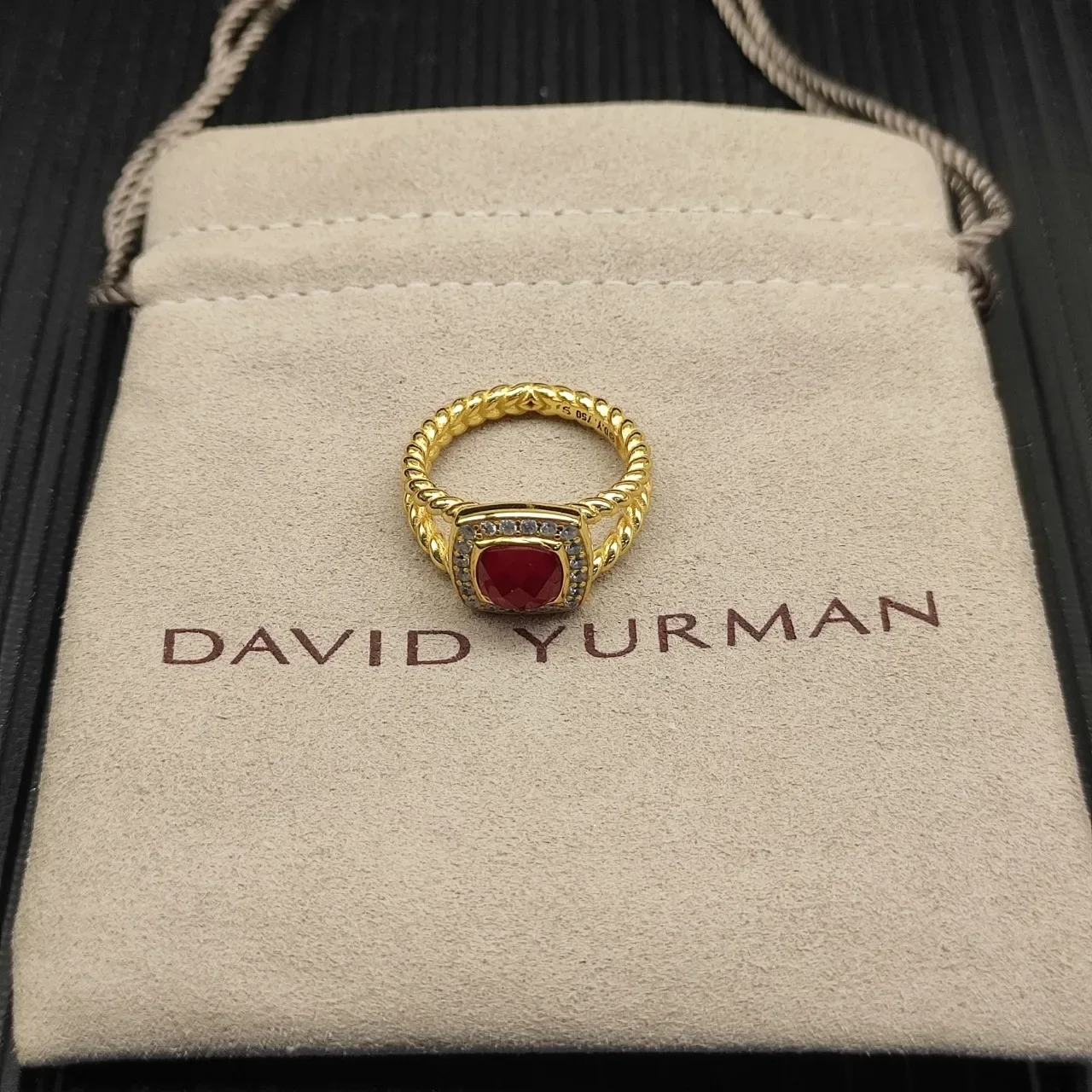 Gold Rope-Twist Band Cushion-Cut Red Gemstone Halo Ring 5