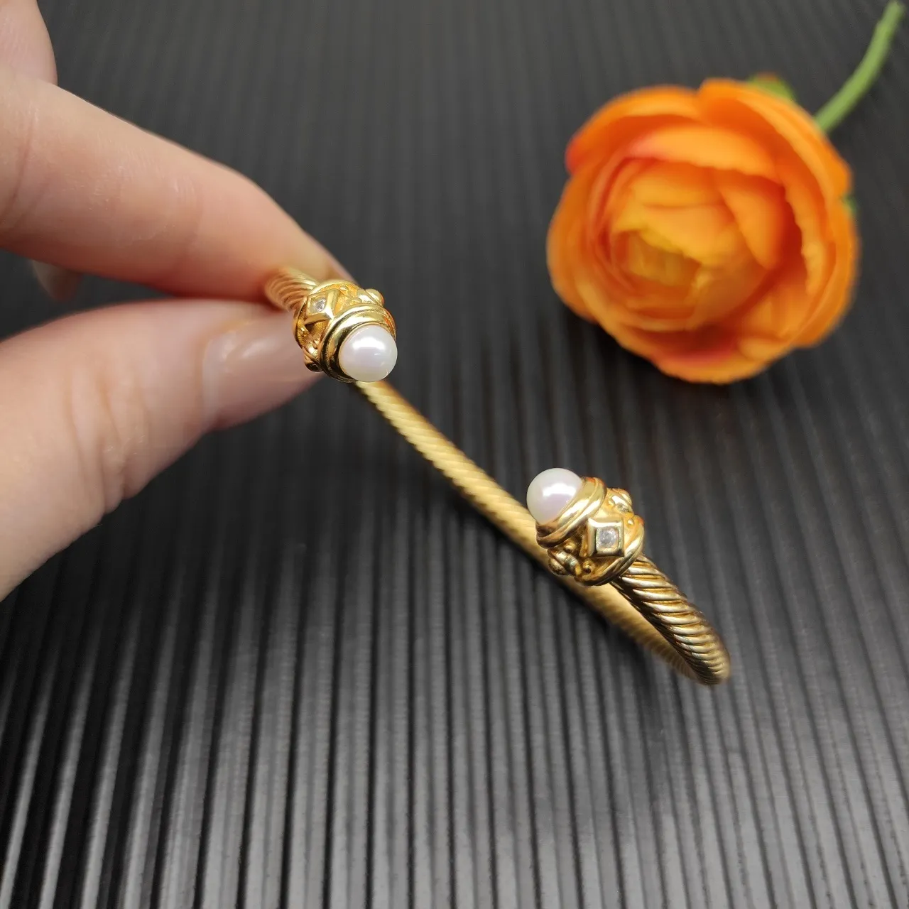 Gold Rope-Twist Pearl and Diamond End Cap Open Bangle Bracelet 5