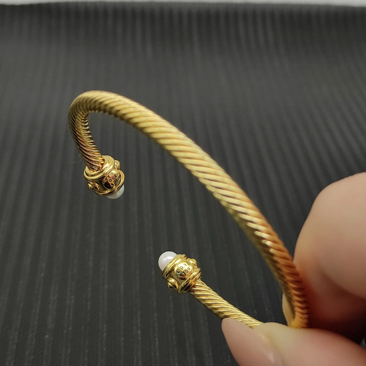 Gold Rope-Twist Pearl and Diamond End Cap Open Bangle Bracelet 6