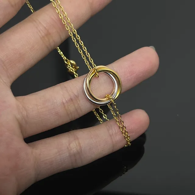 Gold Silver Interlocking Triple-Ring Pendant Fine Curb-Link Chain Necklace 4