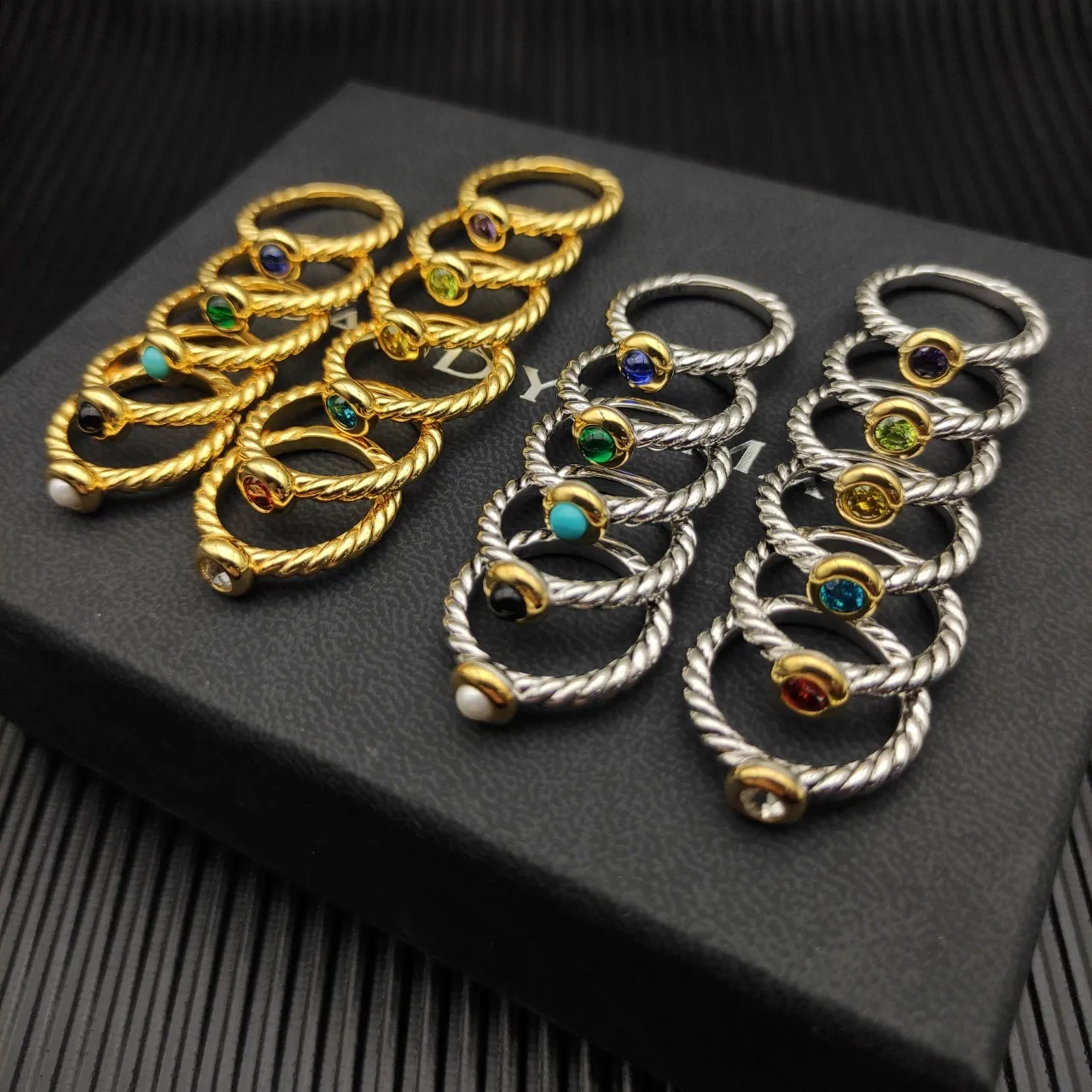 Gold Silver Twisted Rope Band Single Cabochon Stone Ring 5