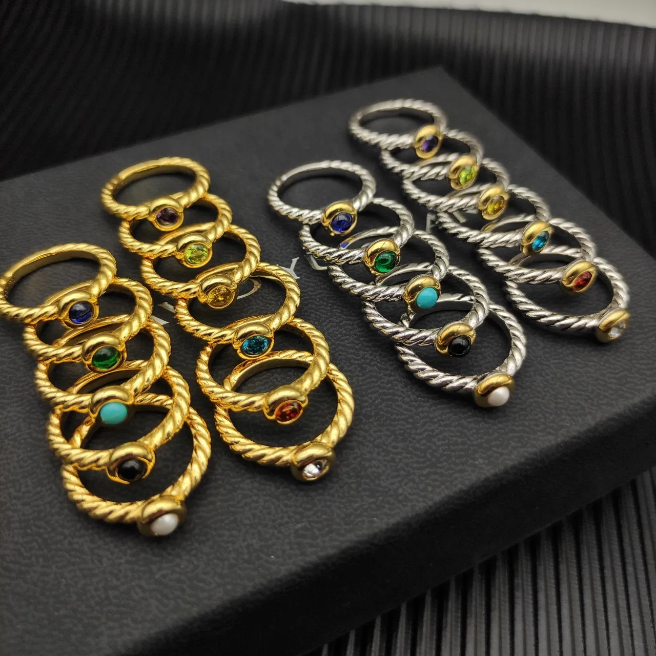 Gold Silver Twisted Rope Band Single Cabochon Stone Ring 6