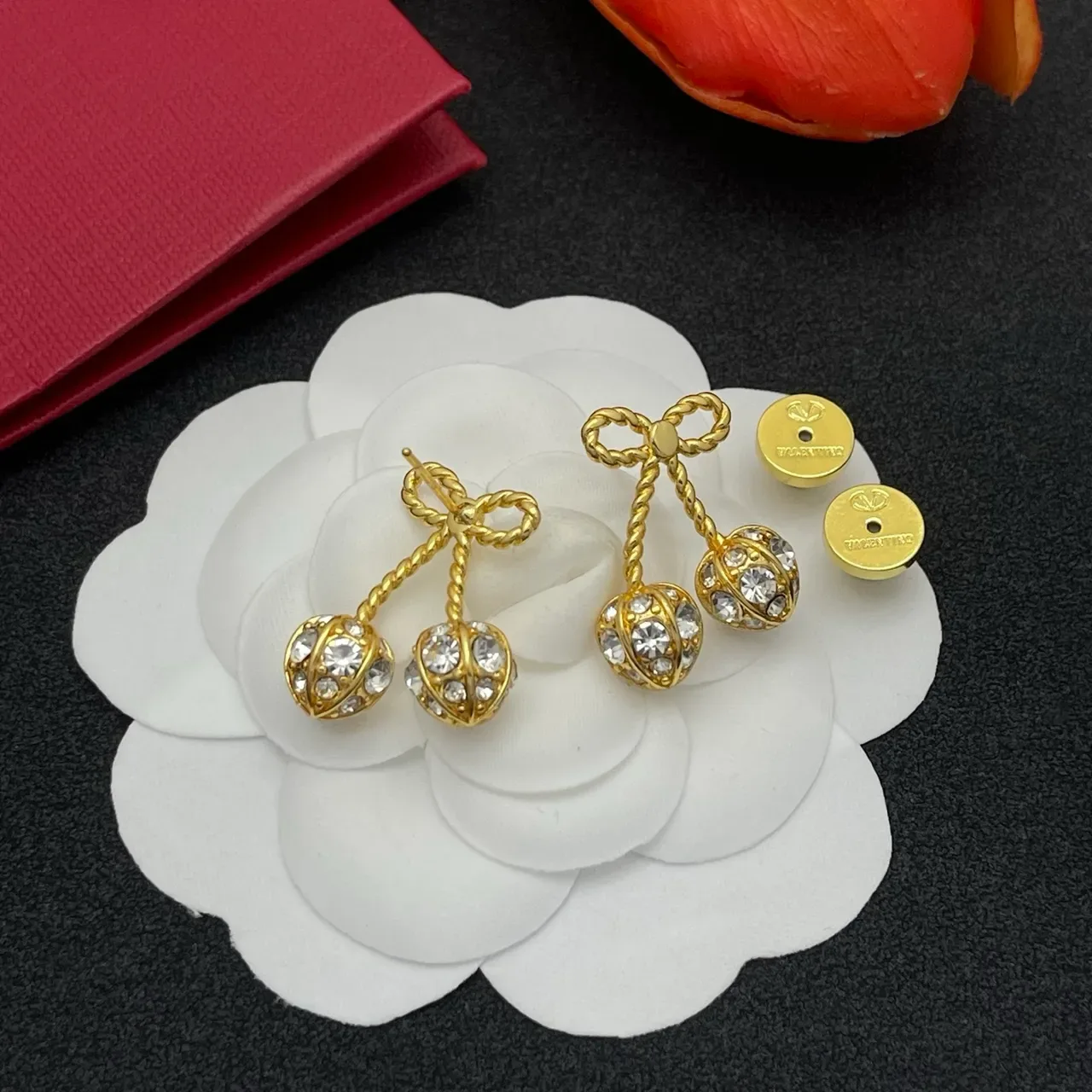 Gold-Tone Bow and Crystal Cherry Earrings 5