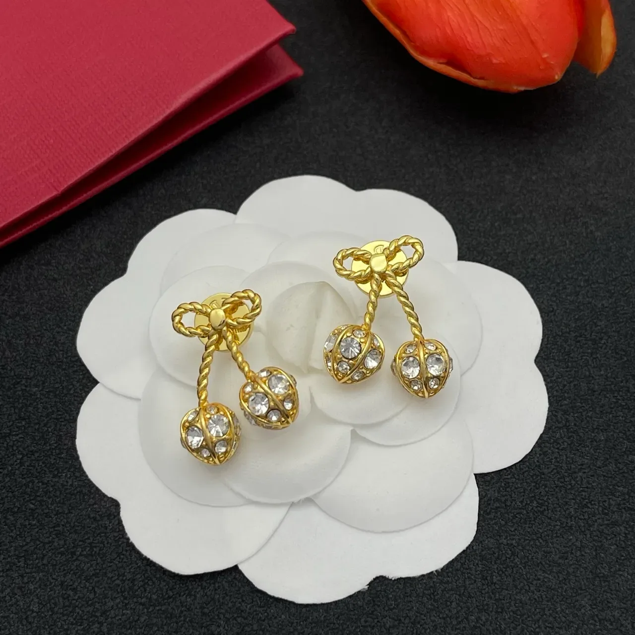 Gold-Tone Bow and Crystal Cherry Earrings 7