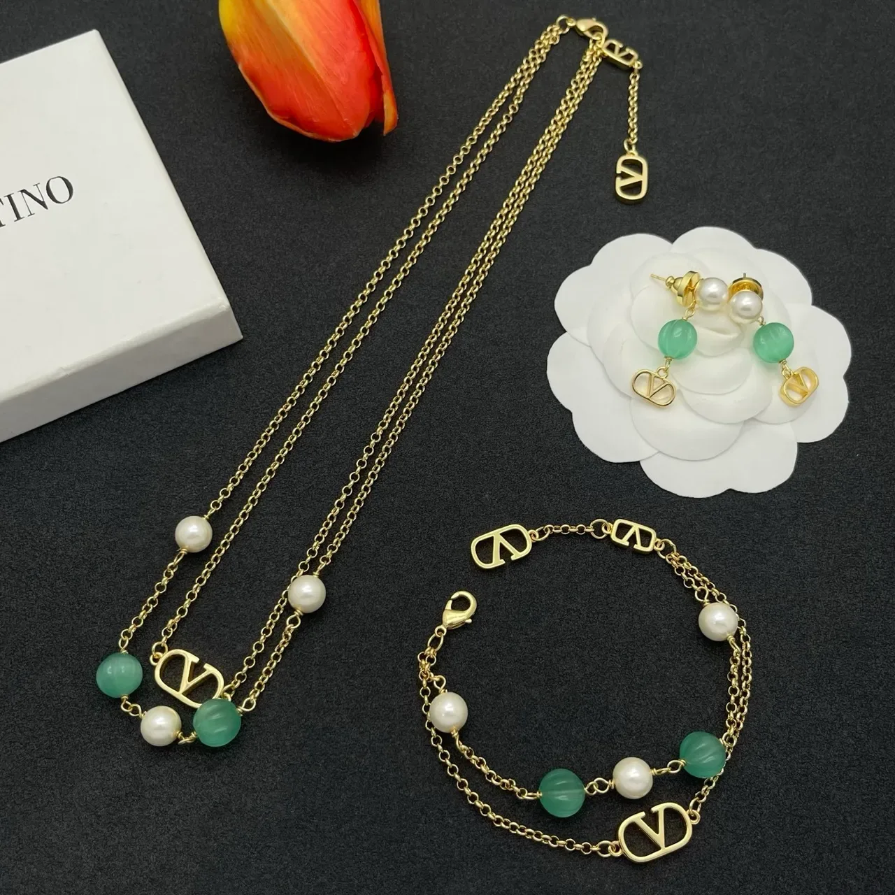 Gold-Tone Double-Chain Pearl and Green Bead V-Logo Bracelet 2