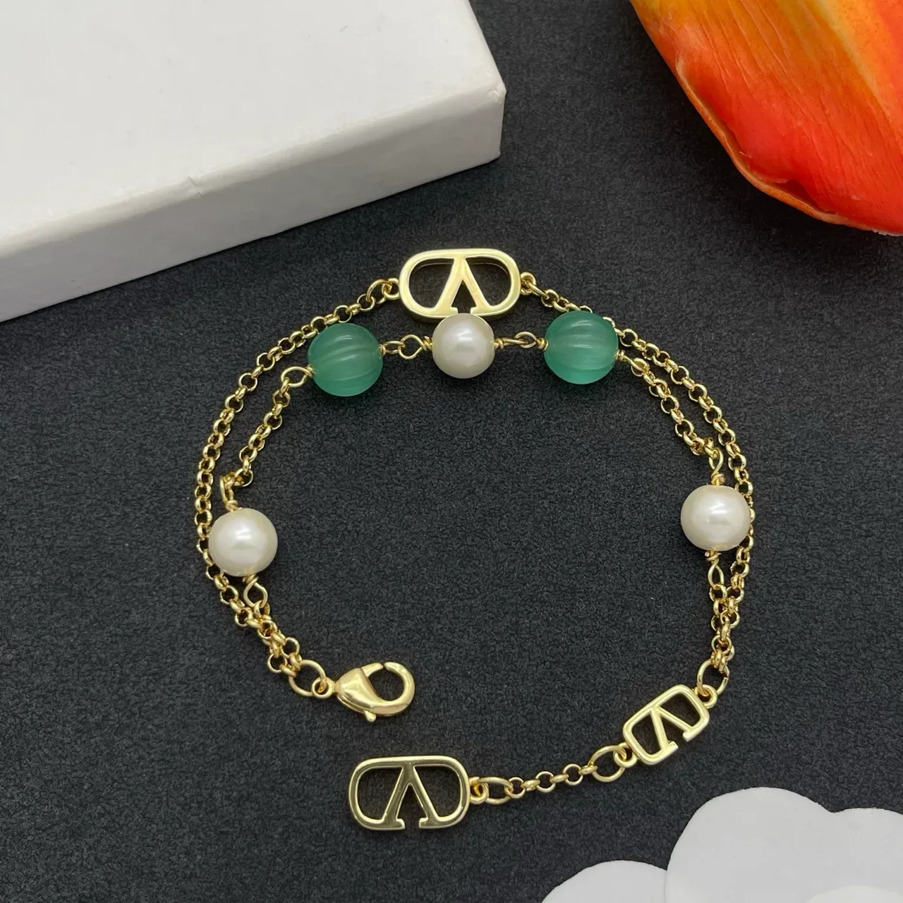 Gold-Tone Double-Chain Pearl and Green Bead V-Logo Bracelet 4