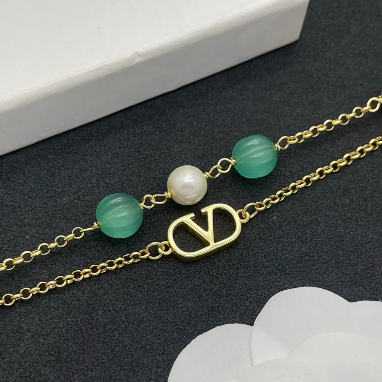 Gold-Tone Double-Chain Pearl and Green Bead V-Logo Bracelet 7