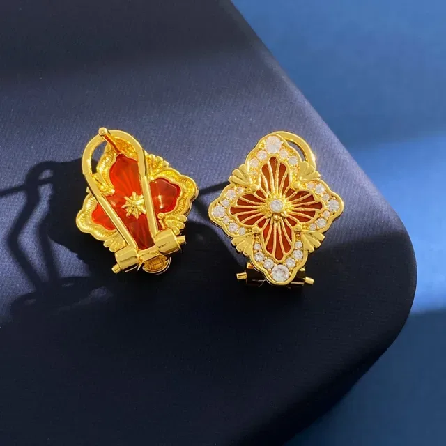 Gold-Tone Enamel and Crystal Quatrefoil Floral Brooches 4