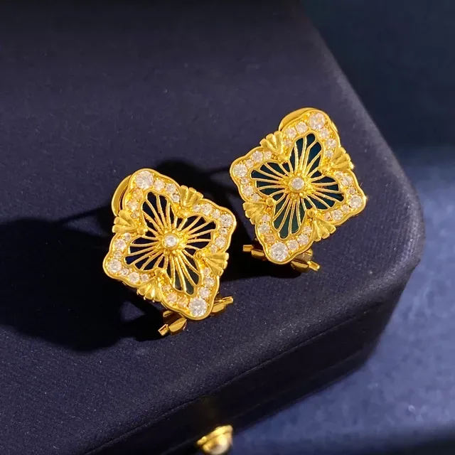 Gold-Tone Enamel and Crystal Quatrefoil Floral Brooches 8